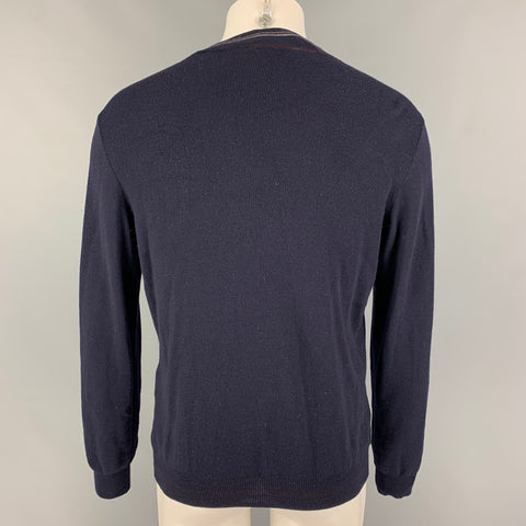 PRADA Size L Navy Contrast Trim Wool V-Neck Cardigan