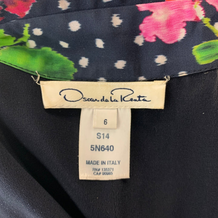 OSCAR DE LA RENTA Size 6 Navy Multi-Color Silk Polka Dot 3/4 Sleeves Coat