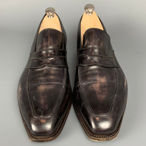 BONTONI Size 10 Black Distressed Leather Custom Loafers