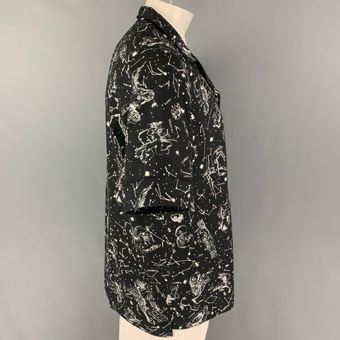 VALENTINO Size L Black White Print Cotton Camp Short Sleeve Shirt