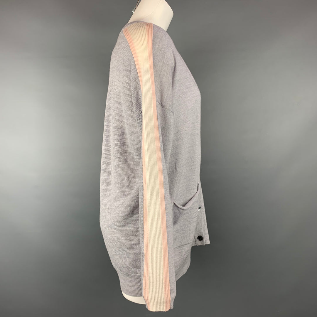 ATM Taille M Cardigan boutonné en laine tricotée gris clair et blanc