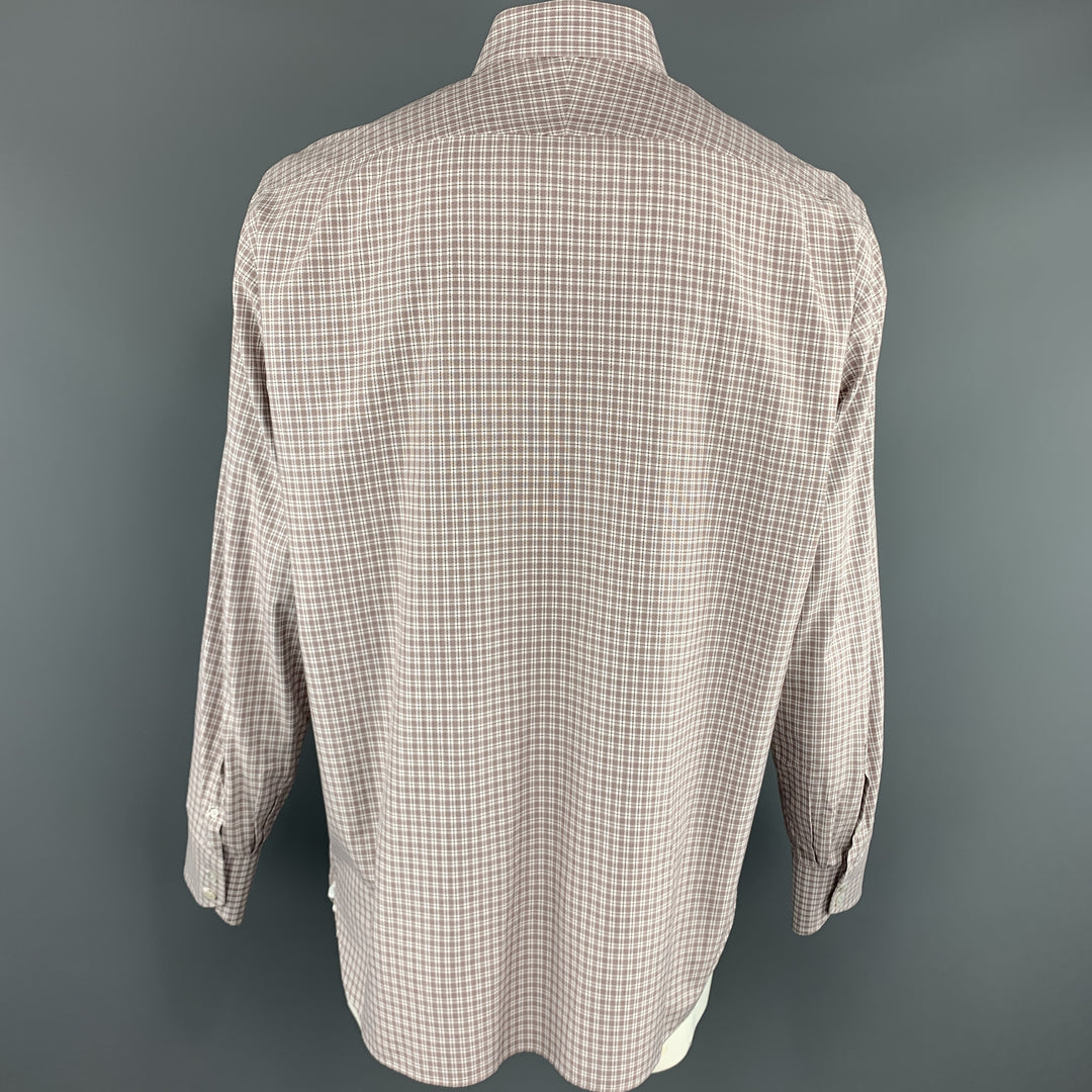 TOM FORD Size XL Brown & White Micro Plaid Cotton Button Up Long Sleeve Shirt
