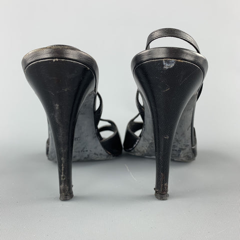 BALENCIAGA Size 8.5 Black Leather Peep Toe Strappy Slingback Sandals