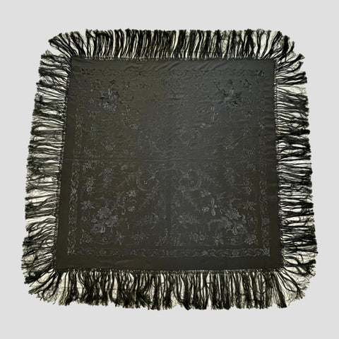 RALPH LAUREN Purple Label Black Embroidered Silk Fringe 54 x 52 in Scarf Shawl