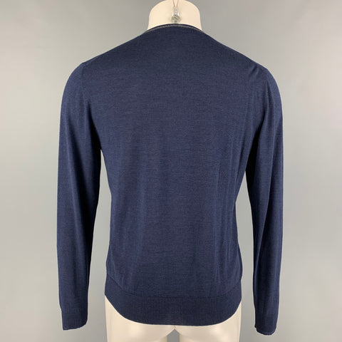 ETRO Size M Navy Grey Contrast Trim Wool Silk V-Neck Cardigan