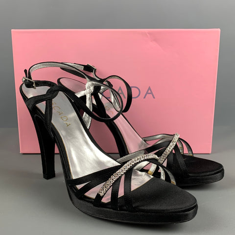 ESCADA Taille 9 Noir Argent Soie Strass Sandales Bride Cheville