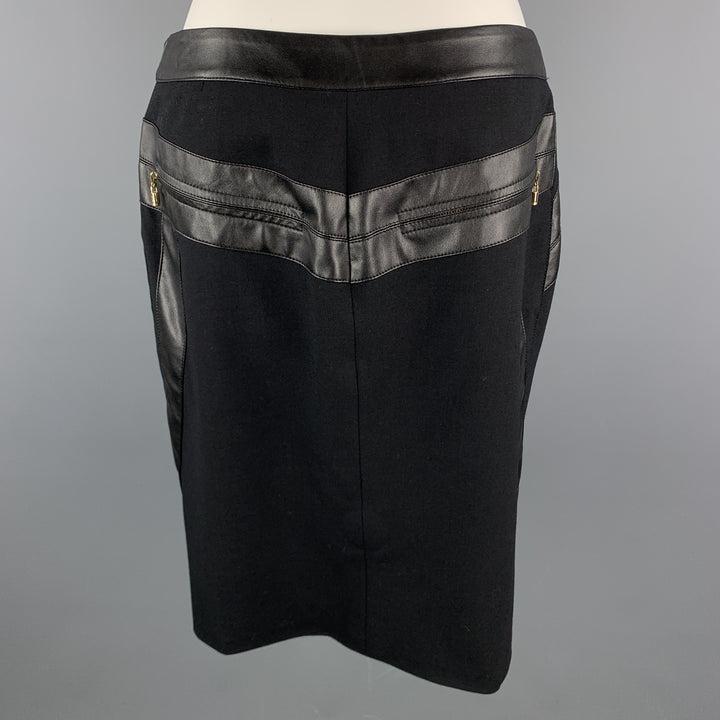 GIANNI VERSACE Size 6 Black Wool Blend Leather Trim Zip Up Pencil Skirt