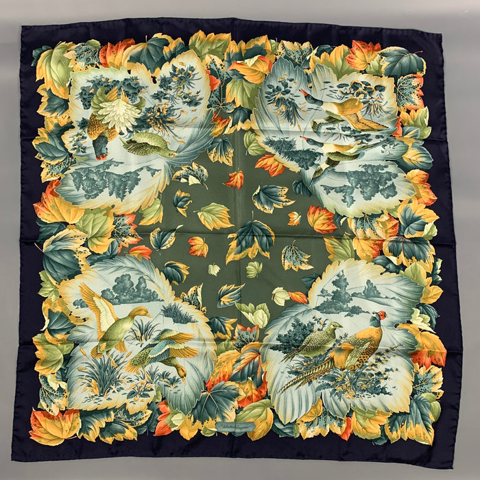 SALVATORE FERRAGAMO Navy Green Bird Print Silk Scarf
