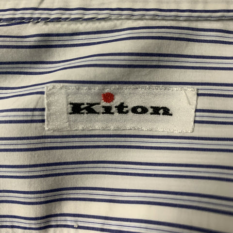KITON Size XL White & Navy Stripe Cotton Button Down Long Sleeve Shirt