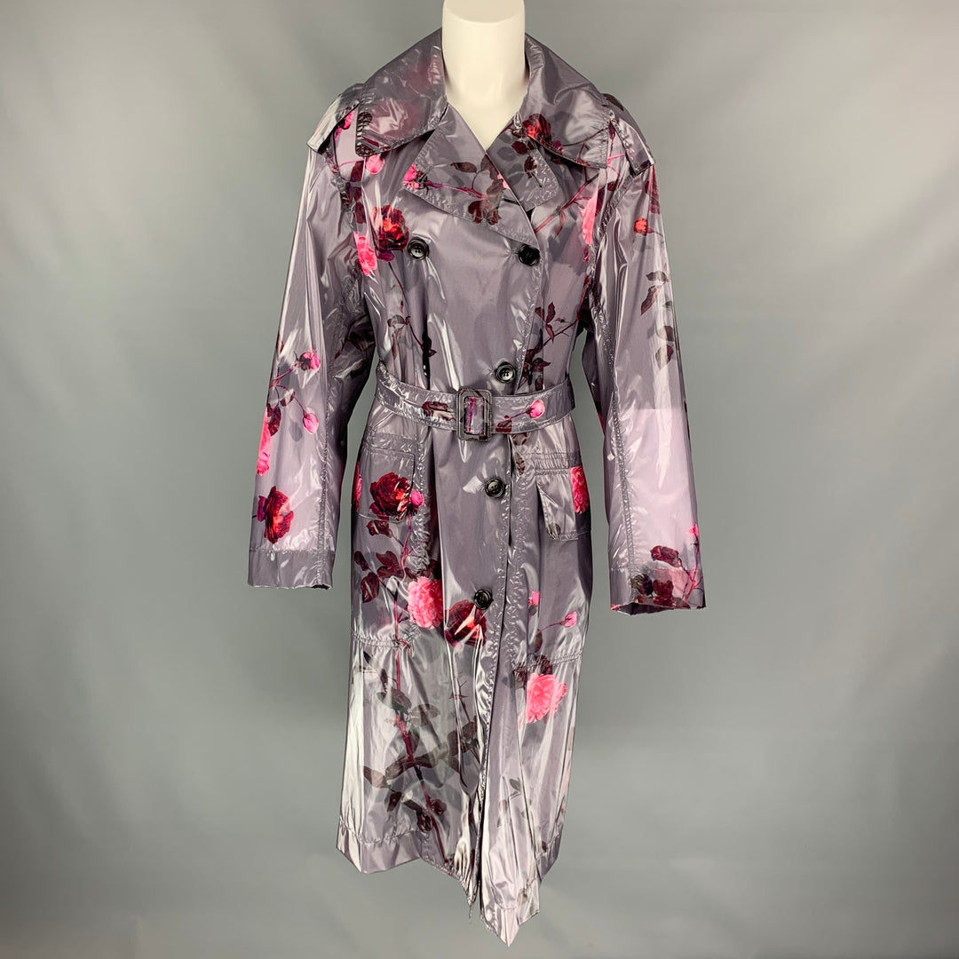 DRIES VAN NOTEN Taille XS Gris &amp;Rose Floral Polyuréthane Bend Belted Trench Coat