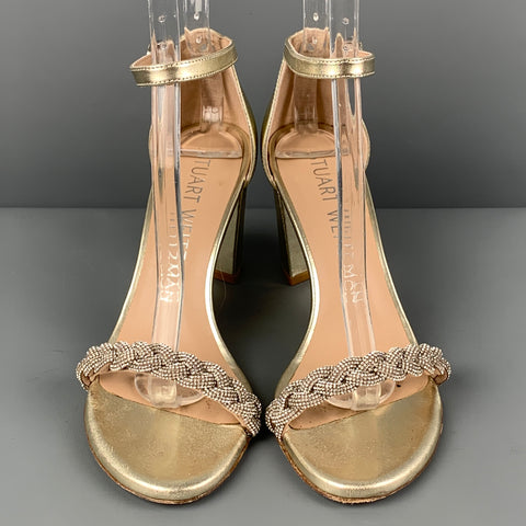 STUART WEITZMAN Talla 6.5 Sandalias de tacón grueso trenzado de cuero plateado platino