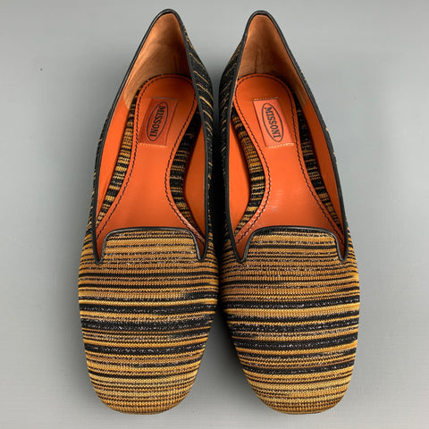 MISSONI Size 8 Black & Gold Fabric Stripe Flats