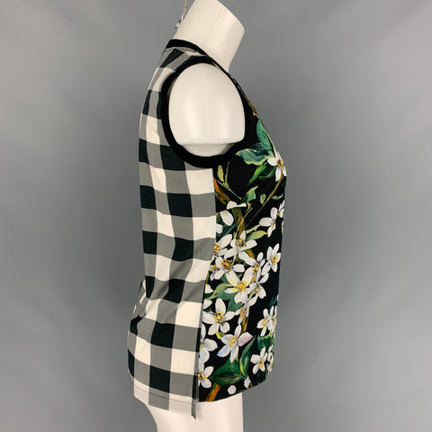 DOLCE & GABBANA Size 2 Black & White Green Floral Cotton Blouse