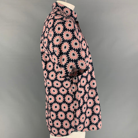TED BAKER Size XXL Navy & Rose Print Cotton Button Up Short Sleeve Shirt