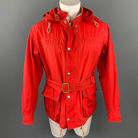 NIGEL CABOURN Size 42 Red Waxed Cotton Zip & Snaps Belted Hooded Jacket