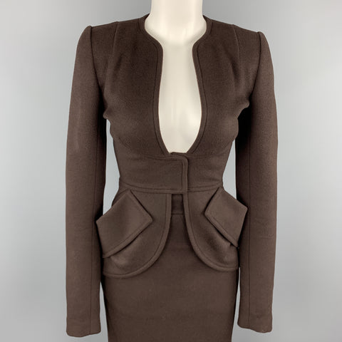 ZAC POSEN Size 2 Brown Felt Collarless Fishtail Pencil Skirt Suit