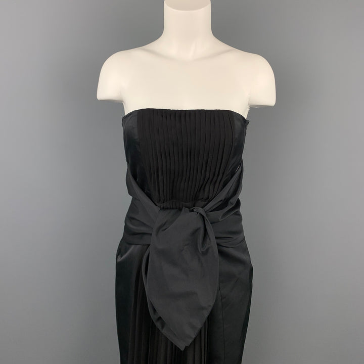 GIAMBATTISTA VALLI Talla 6 Vestido de cóctel con lazo de cintura ancha de algodón / seda plisado negro