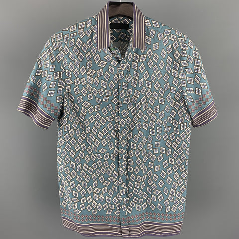 BURBERRY PRORSUM Spring 2013 Size S Teal & Purple Print Cotton Short Sleeve Shirt