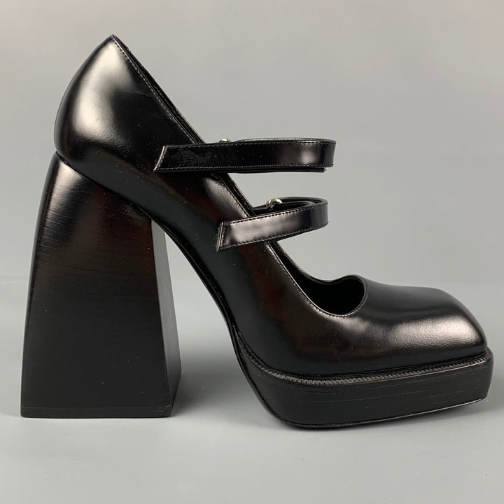 NODALETO Zapatos de tacón con plataforma y tacón grueso de cuero negro talla 7