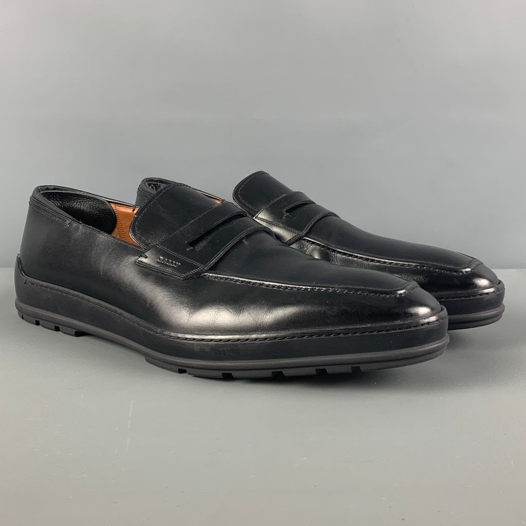 BALLY Size 10 Black Leather Penny Relon Loafers