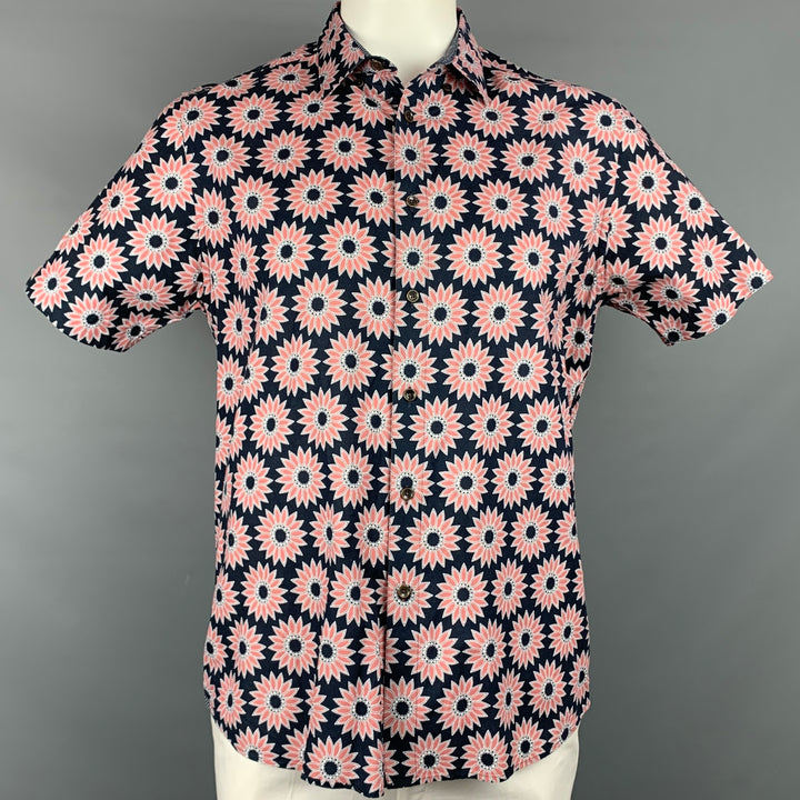 TED BAKER Size XL Black & Rose Floral Cotton Button Up Short Sleeve Shirt