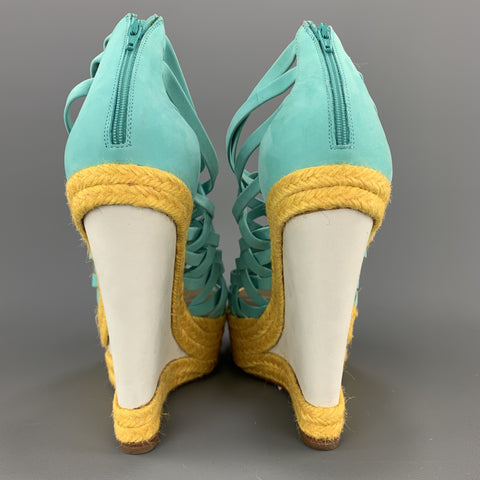 CHRISTIAN LOUBOUTIN 7 Turquoise Suede Woven Yellow Braided Platform Wedge Sandals