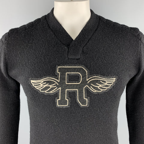 RALPH LAUREN RUGBY Jersey negro de lana de punto con cuello en V y parche en el codo talla S