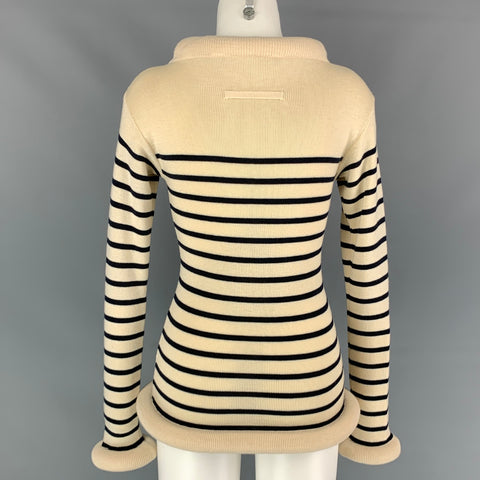 Vintage JEAN PAUL GAULTIER Size M Beige & Navy Stripe Wool / Cotton Tube Collar Cuffs Sweater