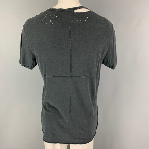 KSUBI Size L Grey Distressed Linen Cotton Crew-Neck T-shirt