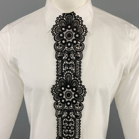 BURBERRY PRORSUM Spring 2016 Size S White Black Guipure Applique Cotton Long Sleeve Shirt