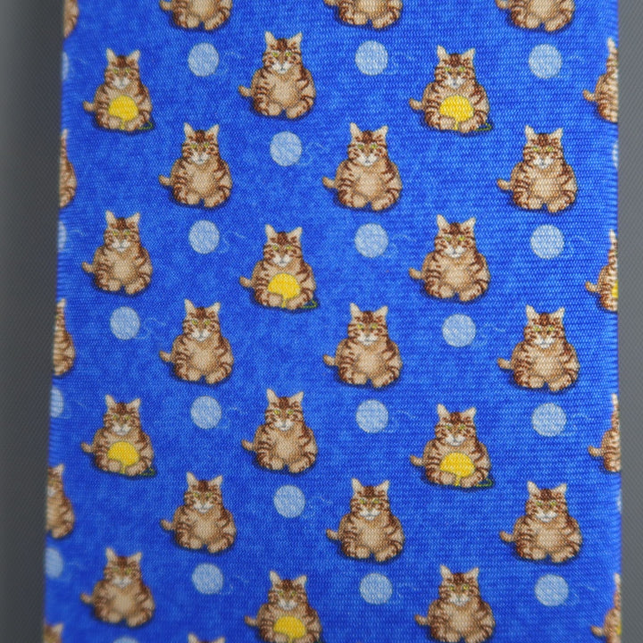 BATTISTONI Blue Silk Polka Dot Kitty Cat Print Neck Tie