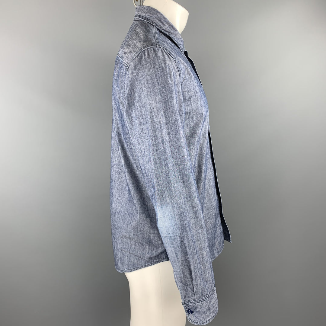 TRAVAIL À DOMICILE Taille M Bleu Contrast Stitch Cotton Button Up Chemise à manches longues