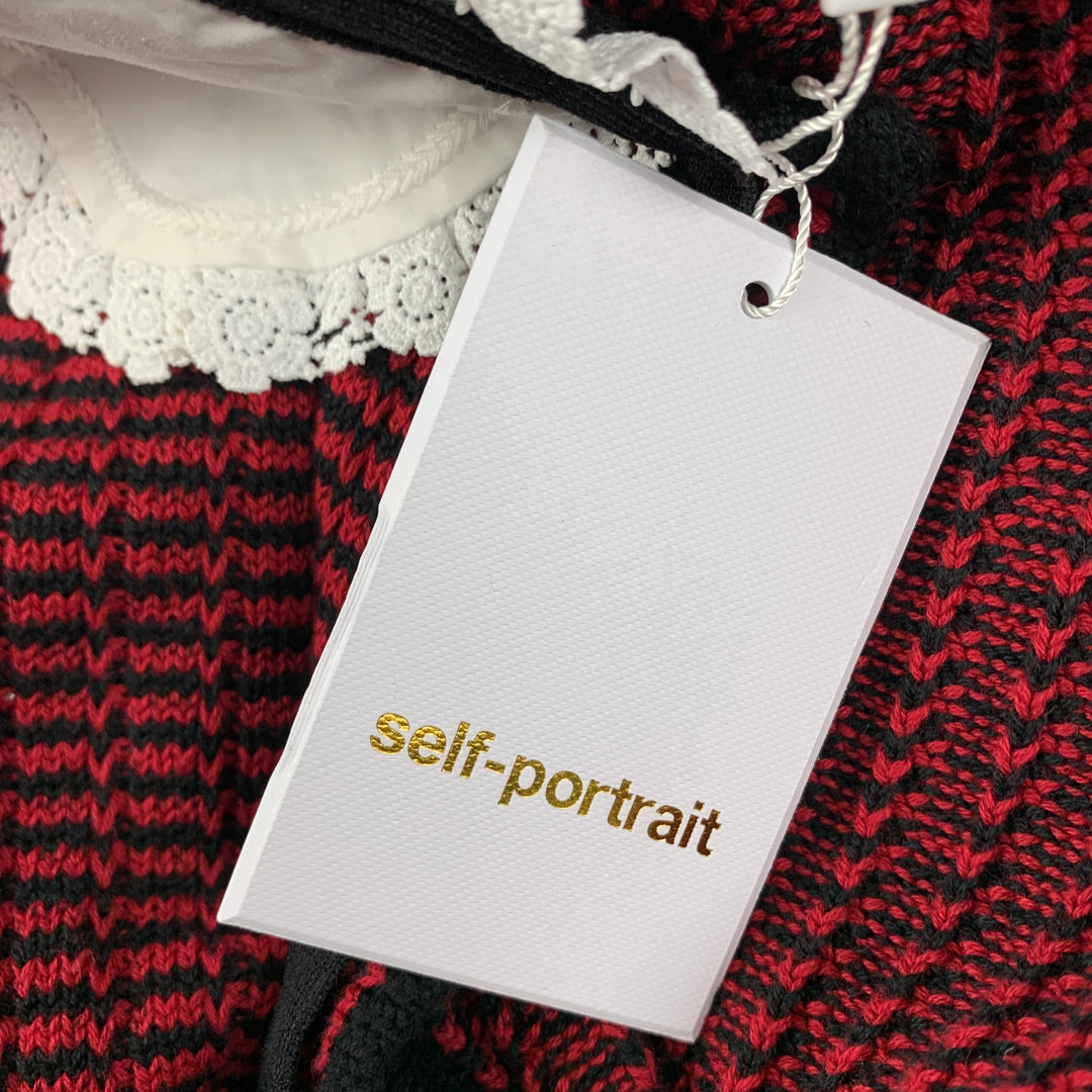 SELF-PORTRAIT Size 6 Red Black Knit Stripe Short Sleeve Dress