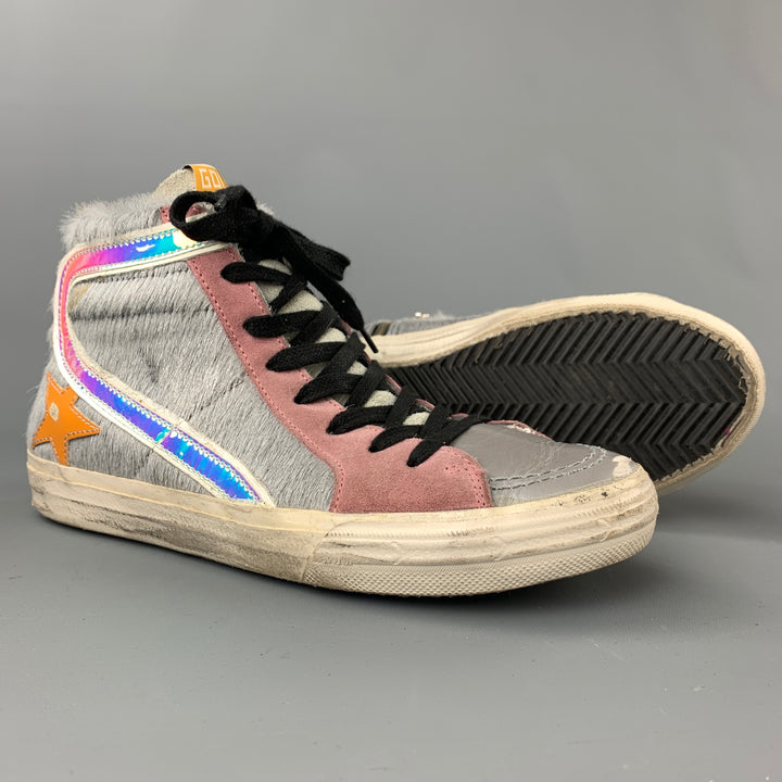 GOLDEN GOOSE Size 8 Grey & Pink Leather Pony Hair Slide Sneakers
