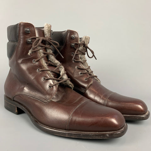 EMPORIO ARMANI Taille 9 Bottes à lacets doublées de fausse fourrure en cuir marron