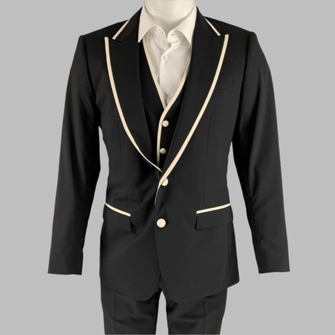 DOLCE &amp; GABBANA Taille de poitrine 38 Noir Blanc Solide Laine Mélange Peak Revers Costume