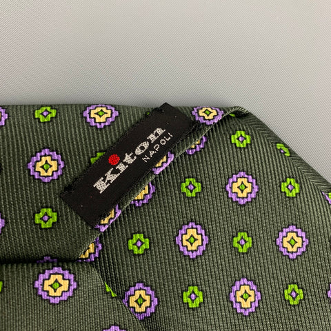 KITON Dark Green Purple Abstract Floral Silk Tie
