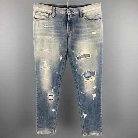 DOLCE & GABBANA Size 32 Indigo Distressed Denim Button Fly Jeans