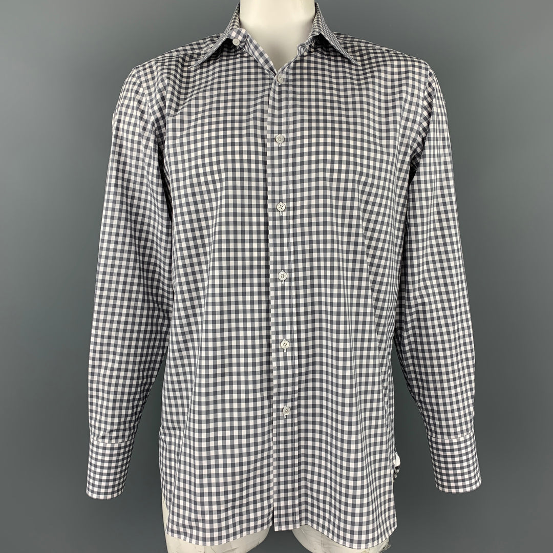 TOM FORD Size XL Grey & White Checkered Cotton Button Up Long Sleeve Shirt