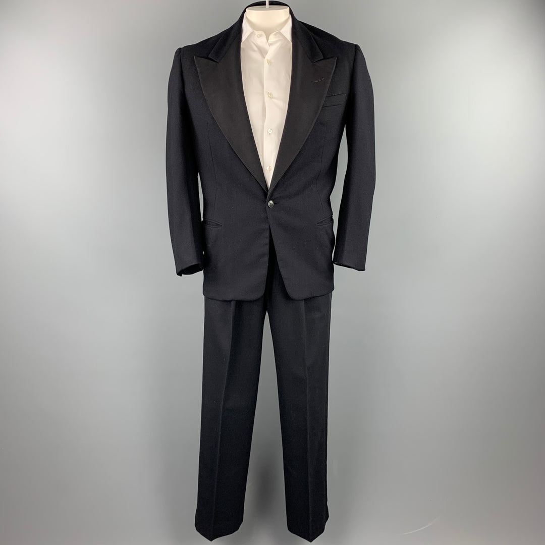 VINTAGE Size 42 Black Wool Peak Lapel Tuxedo