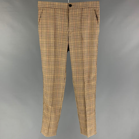 OVADIA & SONS Size 32 Khaki Brown Plaid Wool Elastic Waistband Dress Pants