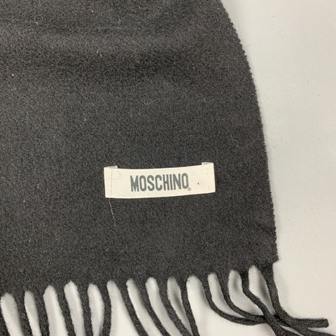 MOSCHINO Black Wool Yellow EMbroidered Crown Logo Fringe Scarf