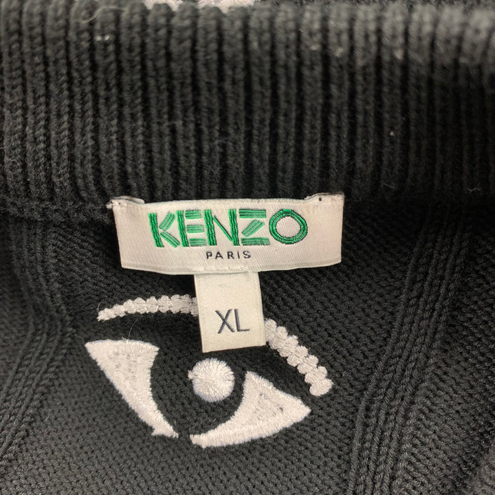 KENZO Size XL Black & White Embroidery Cotton Crew-Neck Pullover