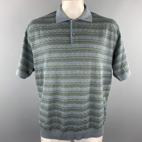 ERMENEGILDO ZEGNA Size XL Blue & Grey Knitted Cotton Buttoned Polo