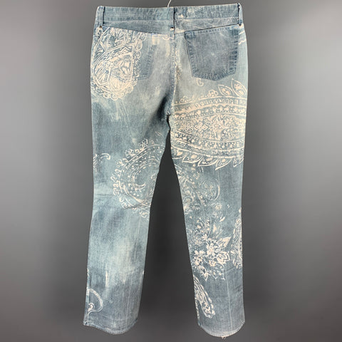 ROBERTO CAVALLI Size 33 Light Blue Paisley Denim Button Fly Jeans