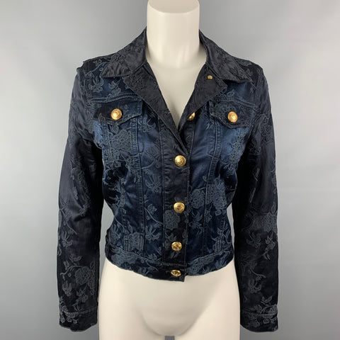 LOVE MOSCHINO Size 6 Black & Midnight Blue Satin Cotton / Viscose Embroidered Jacket