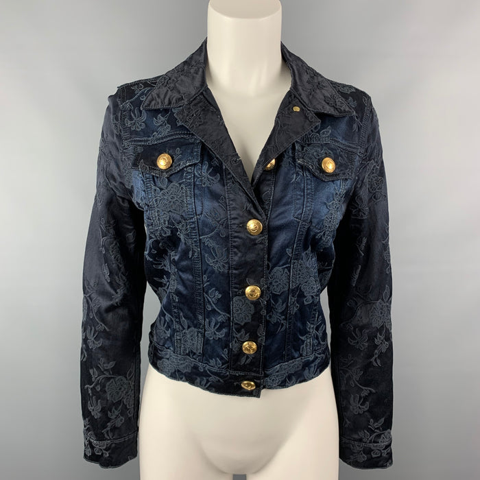 LOVE MOSCHINO Size 6 Black & Midnight Blue Satin Cotton / Viscose Embroidered Jacket