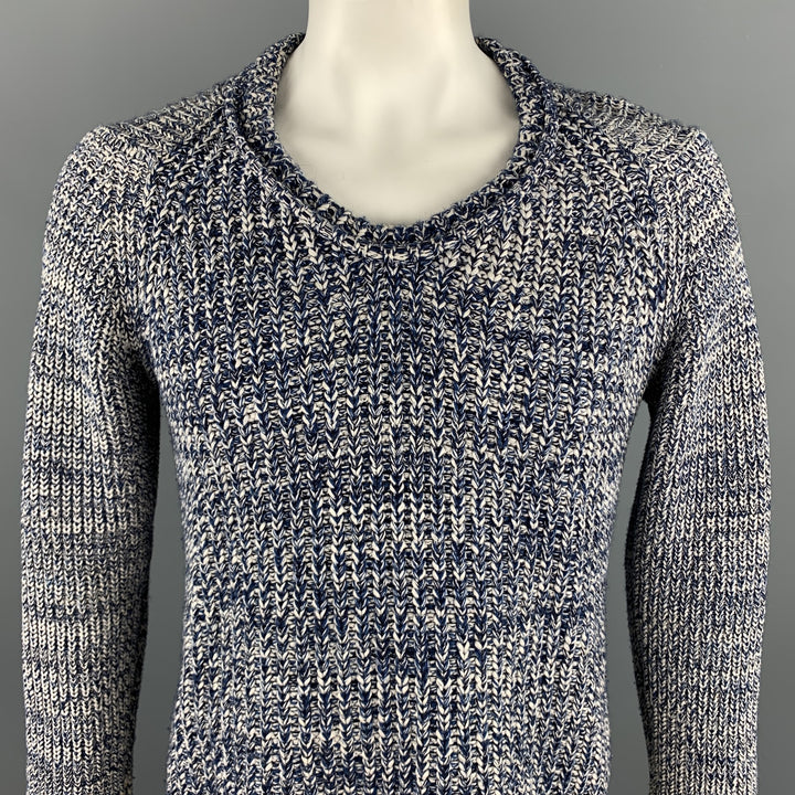 BURBERRY PRORSUM Spring 2012 Size L Navy & White Knitted Wool Fisherman Scoop Neck Sweater