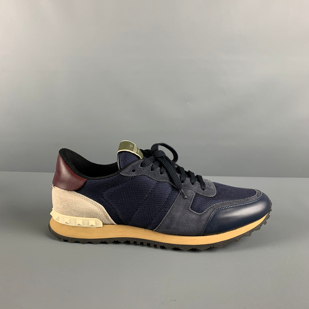 VALENTINO Size 12 Navy Mixed Materials Leather Lace Up Sneakers