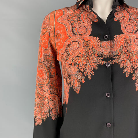 ETRO Taille 2 Orange Noir Soie Paisley Blouson Robe Top